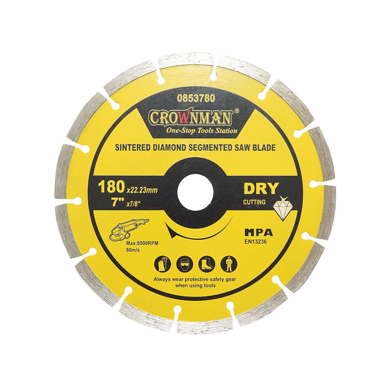 Gyémánt szegmentált tárcsa 180x22.23mm, max. sebesség 8500rpm, száraz vágás betonhoz, kőhöz, gránithoz, márványhoz Crownman