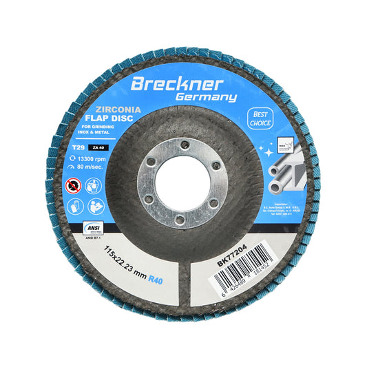 Cirkónium-dioxid csiszolókorong fémek vágásához és polírozásához, rozsdamentes acél P40, 115mm Breckner Germany