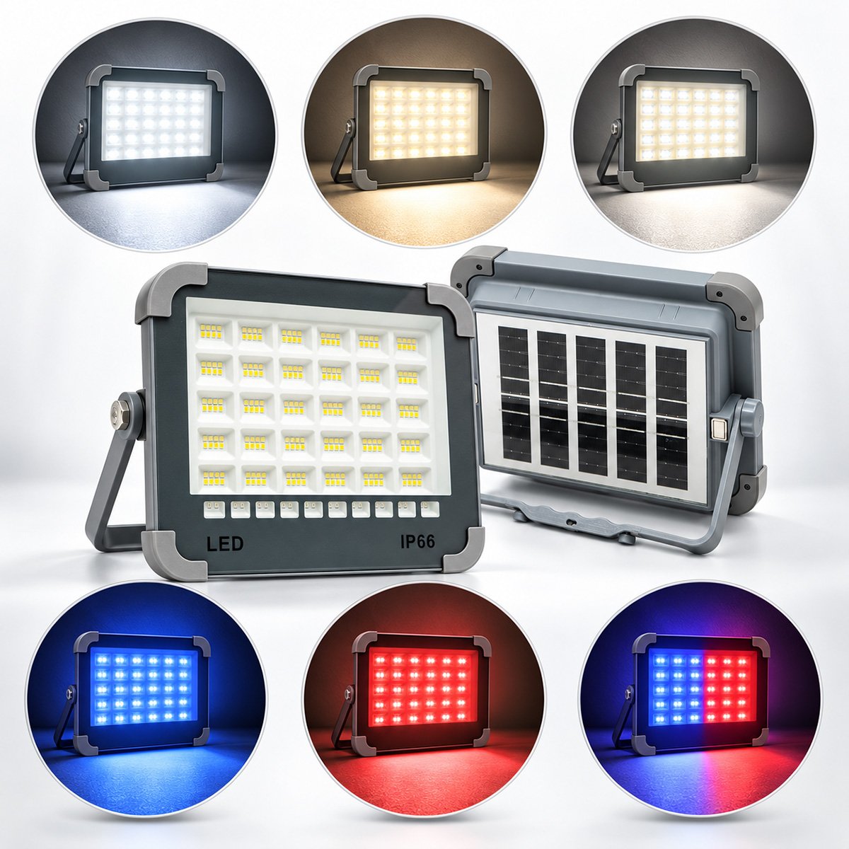 Hordozható LED projektor 100W napelemes panellel 3W, 3600mAh akkumulátor, 6 világítási mód, mágnes, horog, USB Power Bank 210x170x55mm Breckner Germany