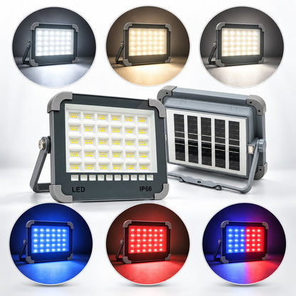 Hordozható LED projektor 100W napelemes panellel 3W, 3600mAh akkumulátor, 6 világítási mód, mágnes, horog, USB Power Bank 210x170x55mm Breckner Germany
