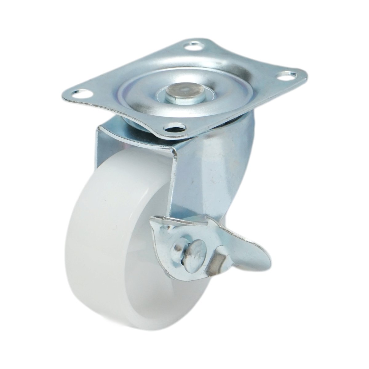 Forgó kerék 50x22mm fékezéssel, fehér polipropilén, acél lemez 58x47mm 30kg