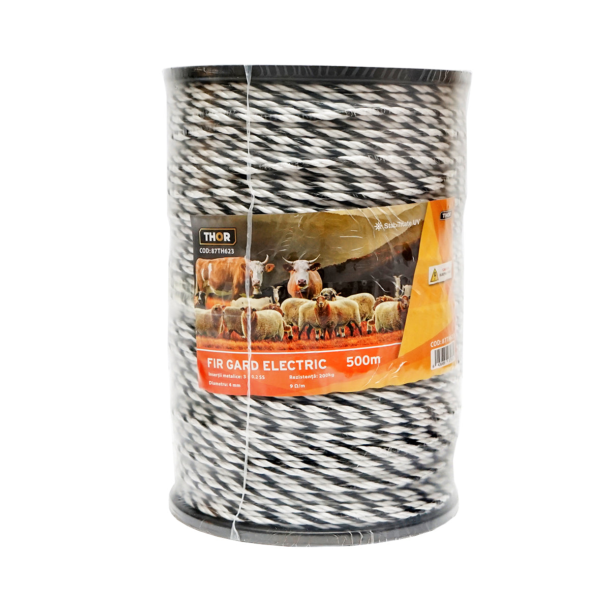 Fekete-fehér drót orsó 4mm fém betét 3x0.2mm SS, ellenállás 9 Ohm/m, 500m elektromos kerítés Thor