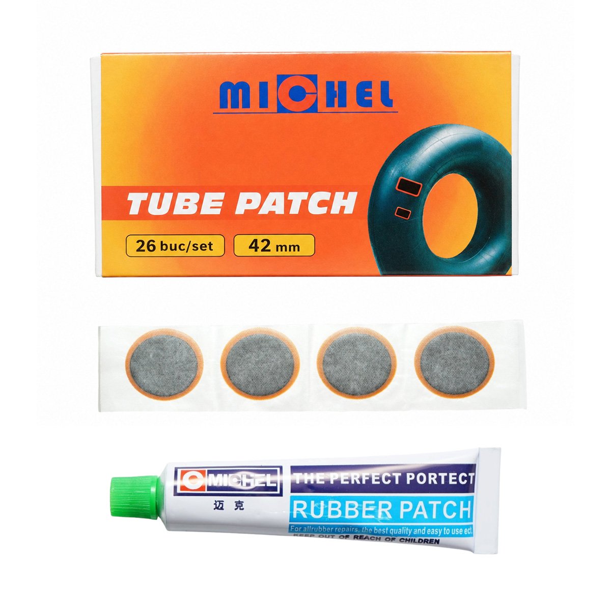 26 darabos 42mm-es kerek vulkanizálási folt szett + 1 db 20ml-es ragasztó tubus Michel légkamrához