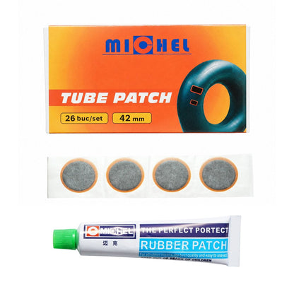 26 darabos 42mm-es kerek vulkanizálási folt szett + 1 db 20ml-es ragasztó tubus Michel légkamrához