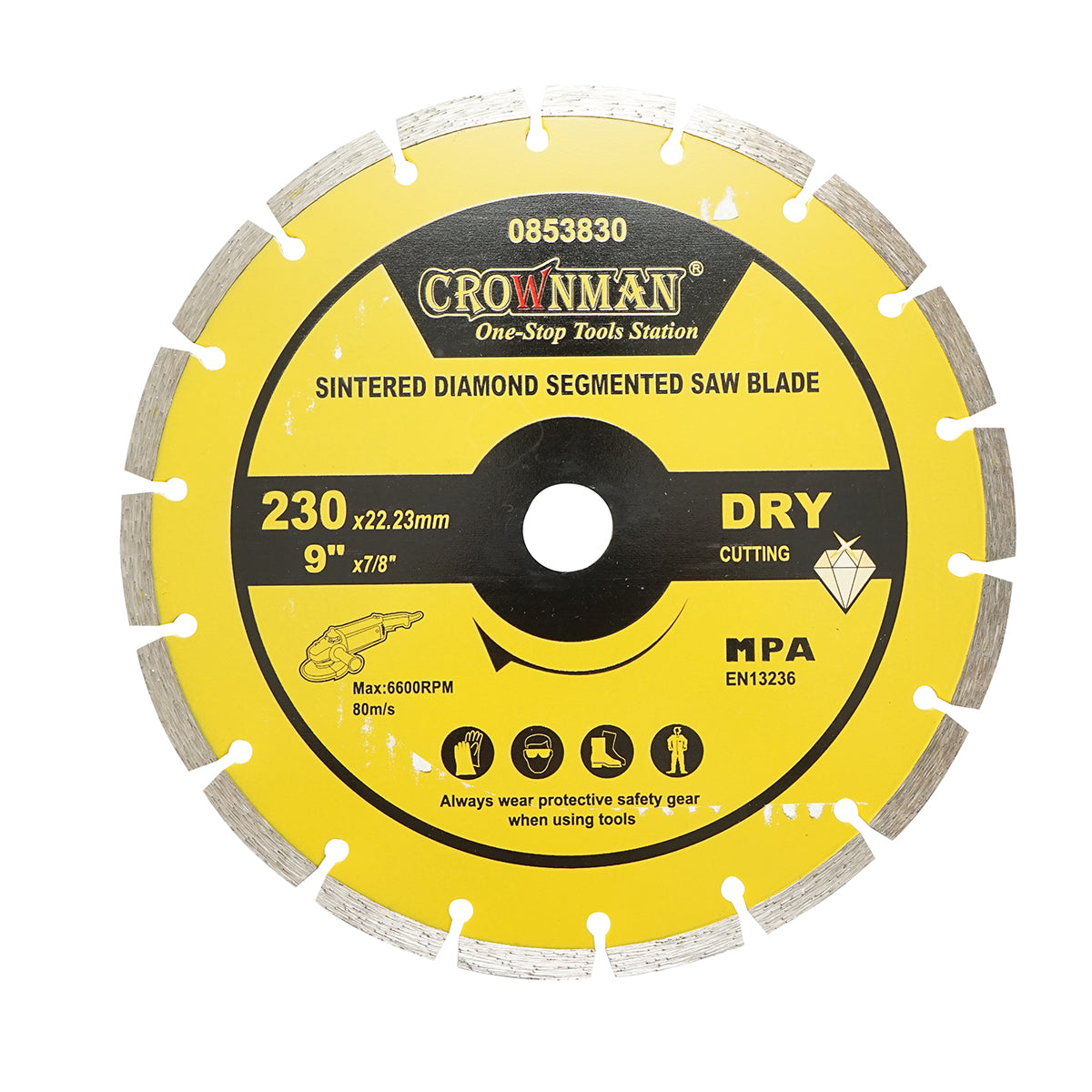 Gyémánt szegmentált szegmentált tárcsa 230x22.23mm, max. sebesség 6600rpm, száraz vágás betonhoz, kőhöz, gránithoz, márványhoz Crownman