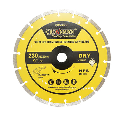 Gyémánt szegmentált szegmentált tárcsa 230x22.23mm, max. sebesség 6600rpm, száraz vágás betonhoz, kőhöz, gránithoz, márványhoz Crownman