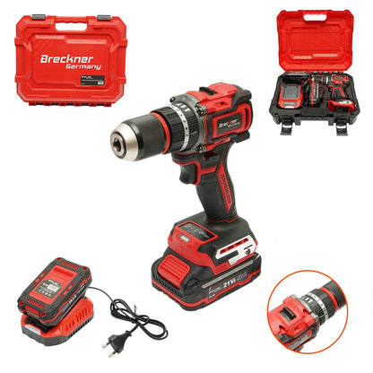 Fúró- és csavarbehajtó gép ütőfunkcióval 500W, 2 akkumulátor 21V, 1.5Ah Li-ion, LED, brushless, 50Nm, 13mm tokmány, 0-500/1600rpm Breckner Germany