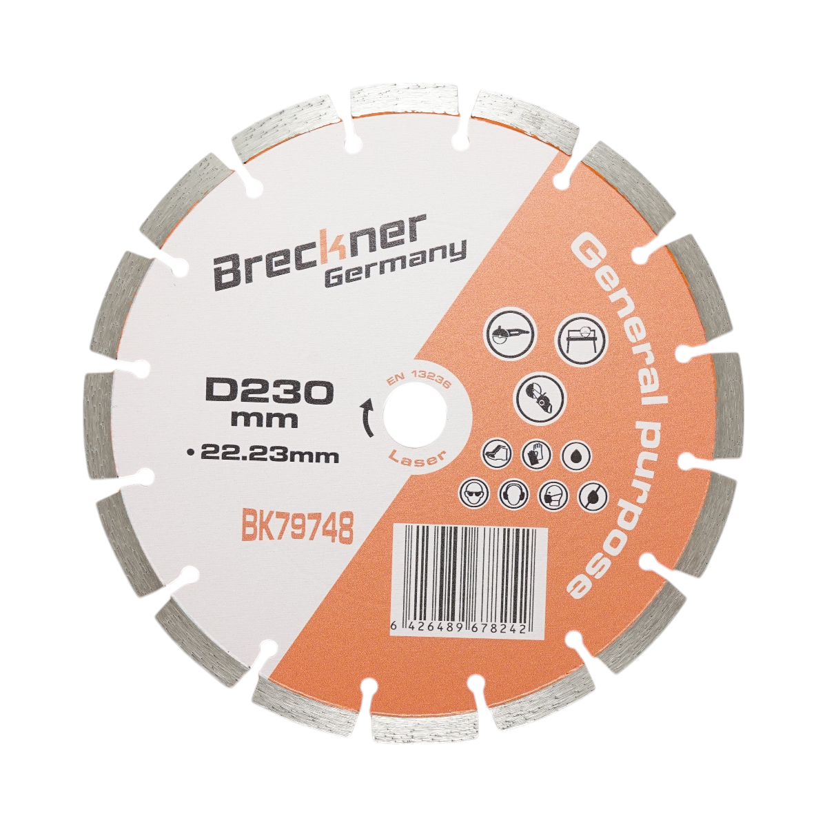 Gyémánt szegmentált tárcsa 230x22.23mm, szegmens 10mm téglához, betonhoz, falazathoz, falazathoz, csavarokhoz, kőhöz Breckner Germany