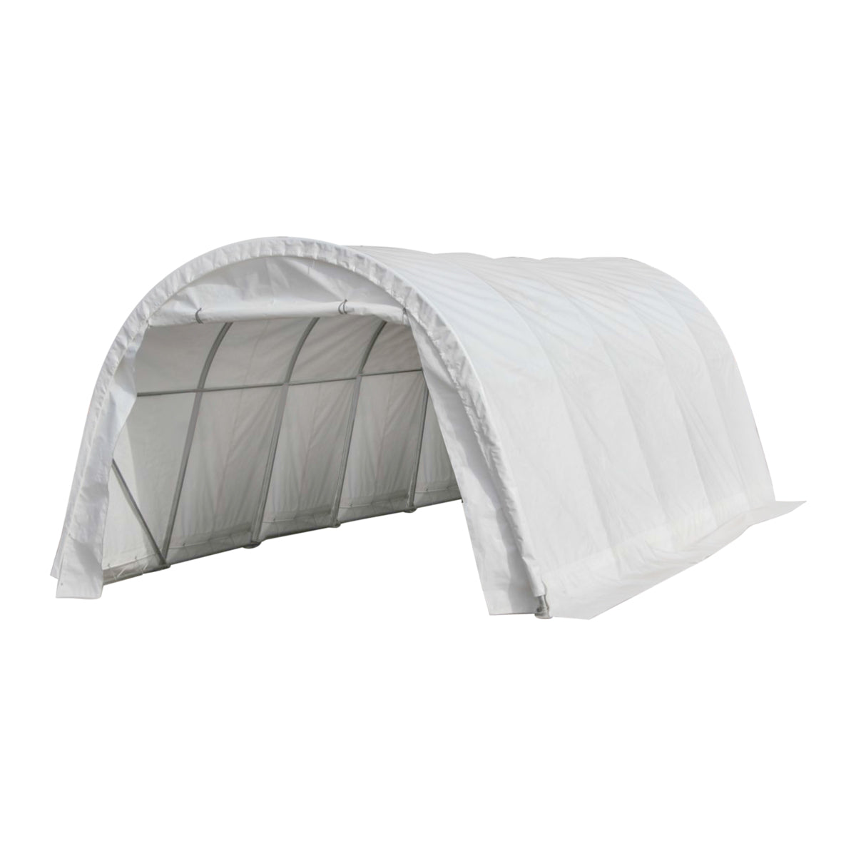 Raktárcsarnok 3,66 m széles, 6,1 m hosszú, 2,44 m magas PVC-ből, fémszerkezettel.