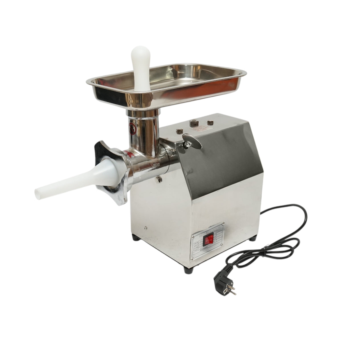 Elektromos húsdaráló rozsdamentes acél 850W, 220V, 150 kg/h kapacitás, kolbászadapter, 2 szita és 2 kés tartozékkal 380x210x415mm