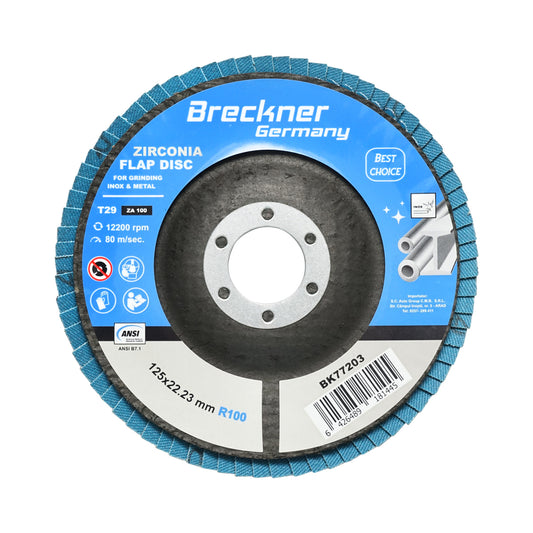 Cirkónium-dioxid csiszolókorong fémek vágásához és polírozásához, rozsdamentes acél P100, 125mm Breckner Germany