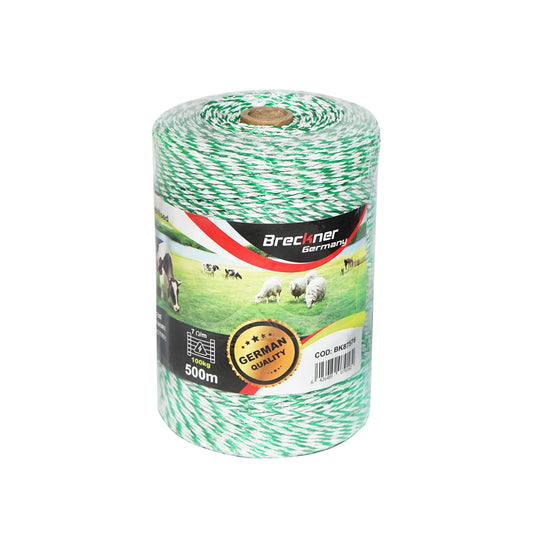 Fehér-zöld huzal tekercs 2.5mm fi 2.5mm fém betét 4x0.2mm SS, ellenállás 7 Ohm/m, 500m elektromos kerítés Breckner Germany