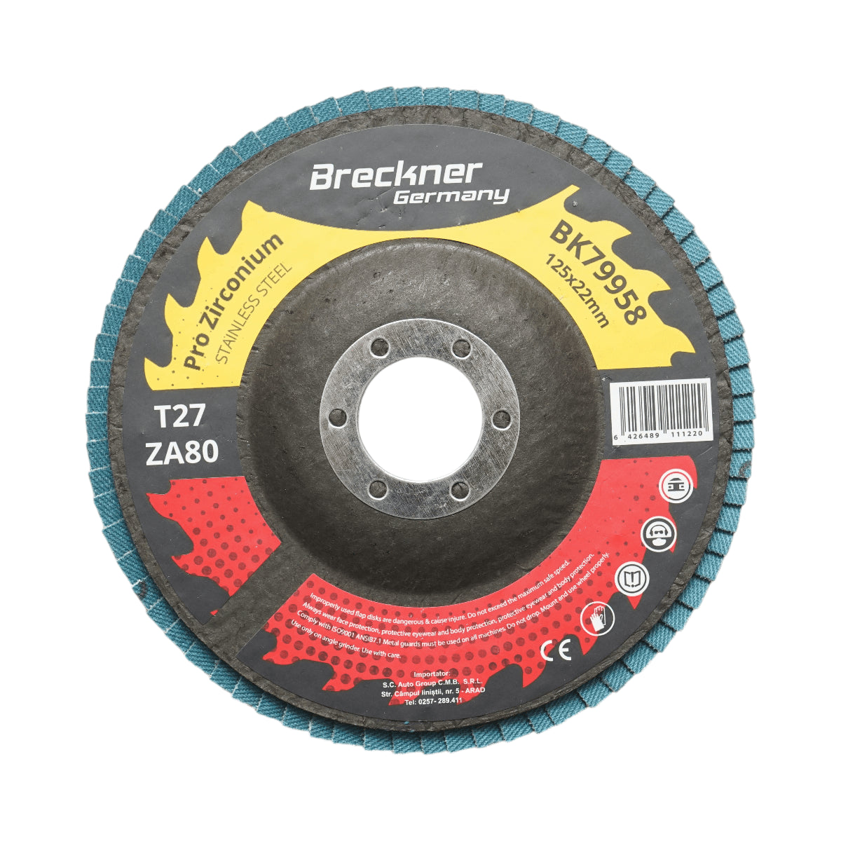 Cirkónium-dioxid csiszolókorong T27 ZA80, 125x22mm fém és rozsdamentes acél csiszolásához/polírozásához Breckner Germany