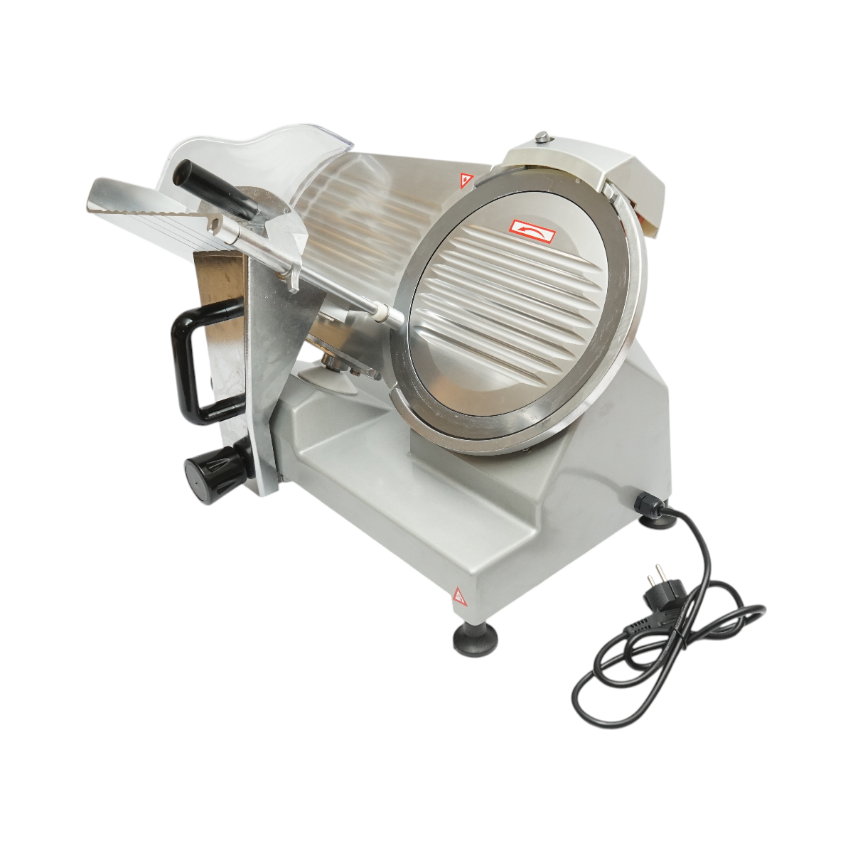 Elektromos hús- és kolbászszeletelő gép 150W, 220V, állítható szeletvastagság 0.2-12mm, 250mm pengémérettel