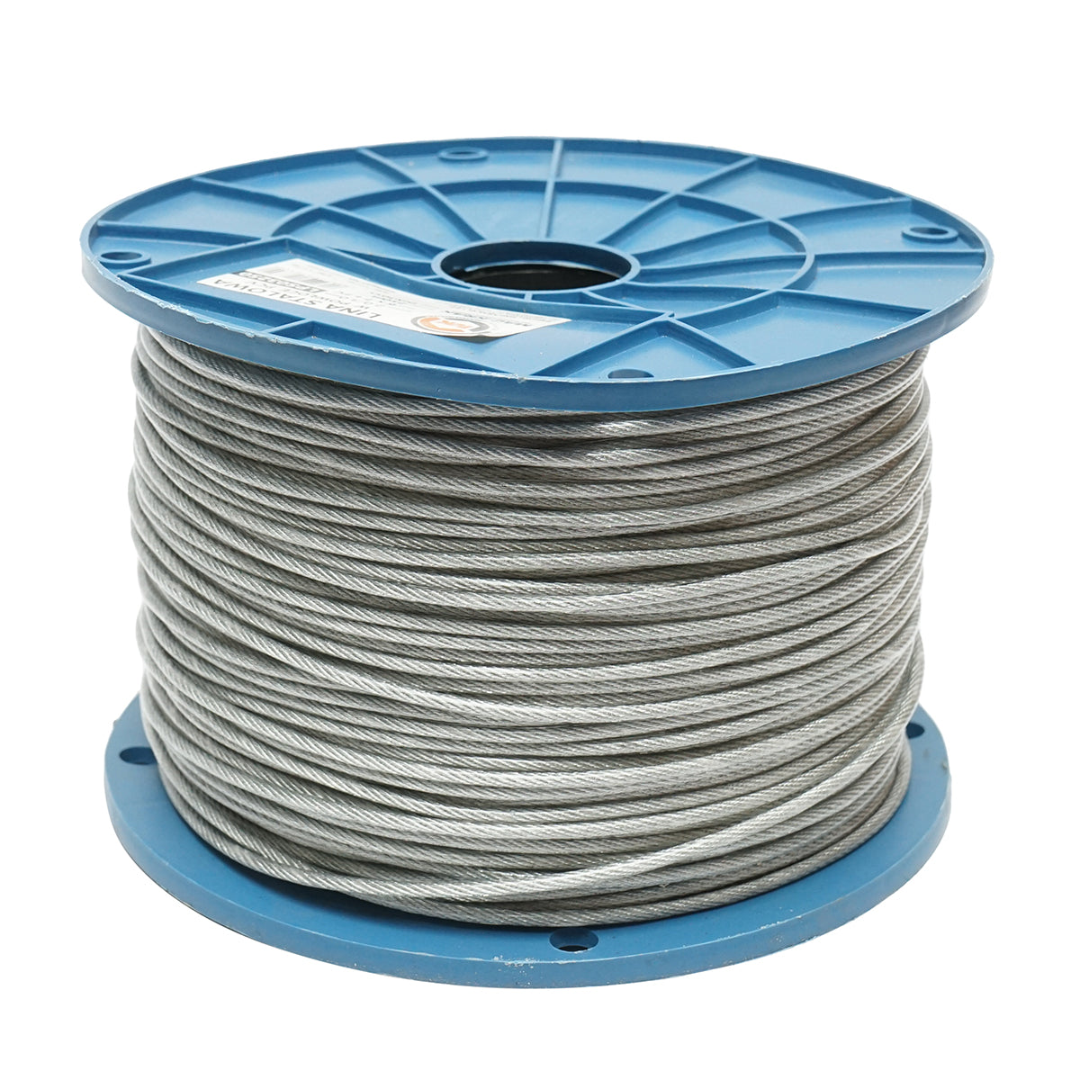 Horganyzott acélkábel 3 mm-es PVC köpennyel, 6x7+FC huzalok, maximális terhelés 230 kg, súly 5,07 kg, 250 m/tekercs.