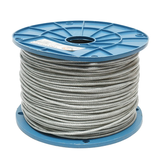 Horganyzott acélkábel 3 mm-es PVC köpennyel, 6x7+FC huzalok, maximális terhelés 230 kg, súly 5,07 kg, 250 m/tekercs.