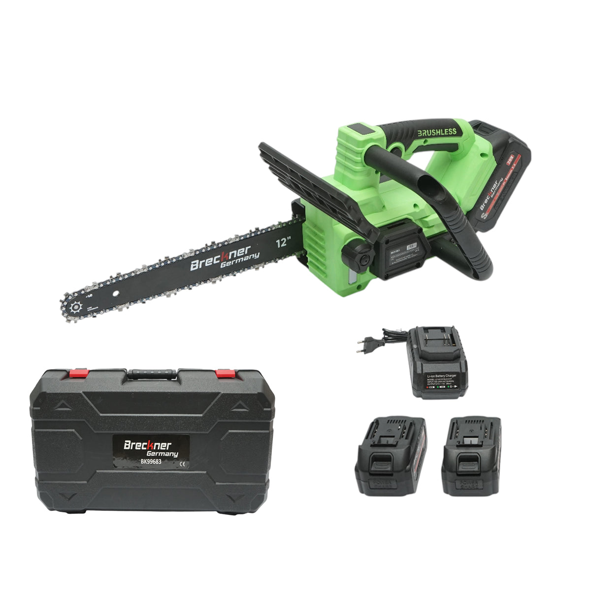 Professzionális elektromos láncfűrész 2 darab 20V, 4Ah Li-ion akkumulátorral, brushless motor, LED digitális kijelző, 12 inch (300mm) lánc Breckner Germany