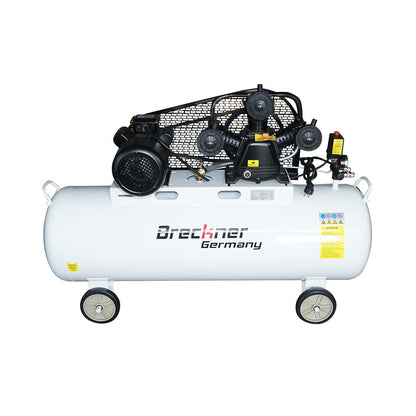 200 literes szíjhajtású légkompresszor, 3 hengeres 3 kW/4 LE motor, maximális nyomás 8 bar, levegőbeömlési térfogat 525 l/perc Breckner Germany