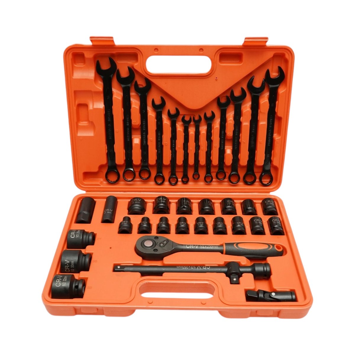 Csőkulcs készlet 8-32mm és fix-gyűrűs kombinált kulcsok 6-19mm, racsnis hajtás, T-hosszabbító 250mm, kardántengely 1/2 inch Cr-V 37 darabos Breckner Germany