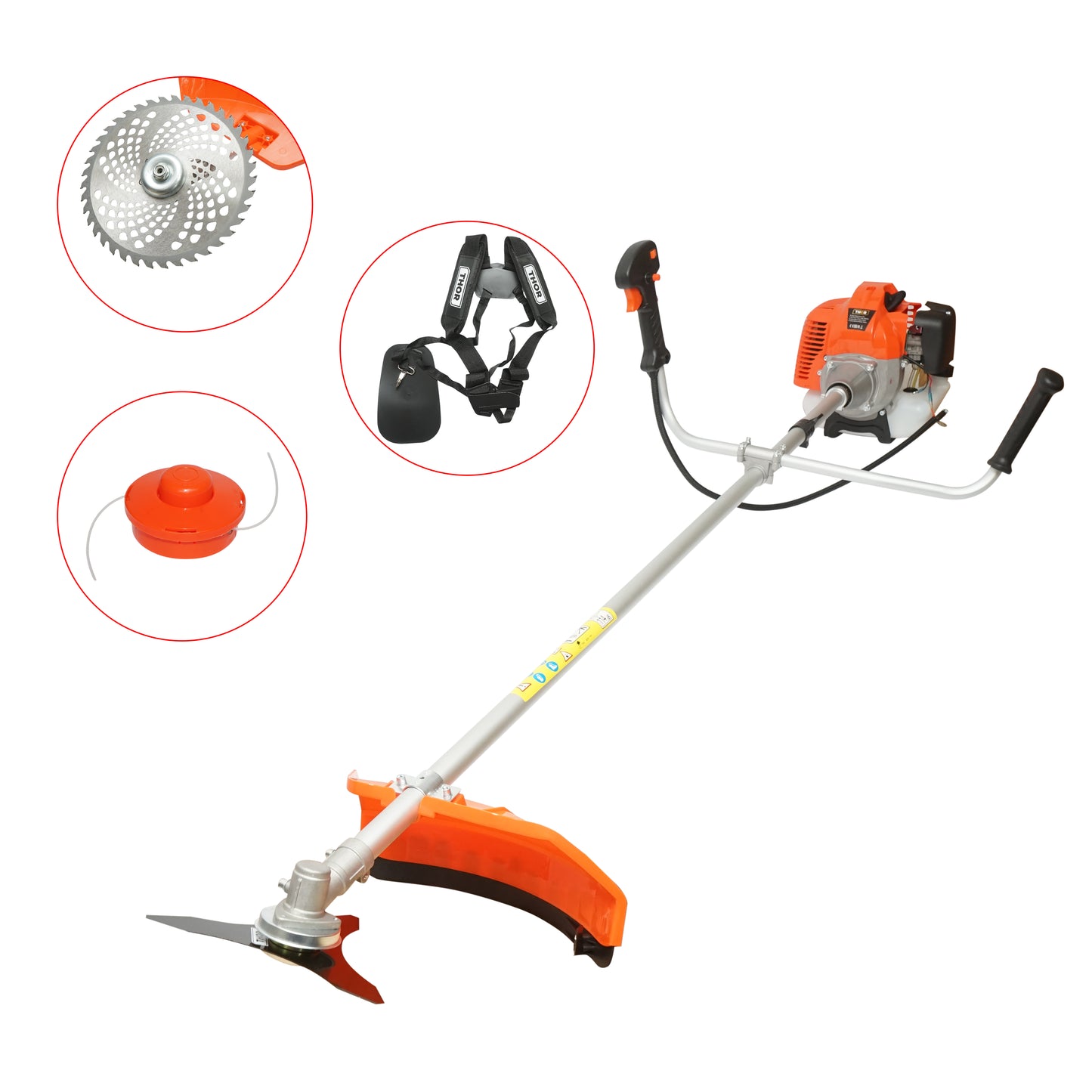 3,4 LE (2,5 kW) benzines fűkasza, 2T 43 cm3 motor, 7500 fordulat/perc, THOR tartozékkészlet tartozékkal.