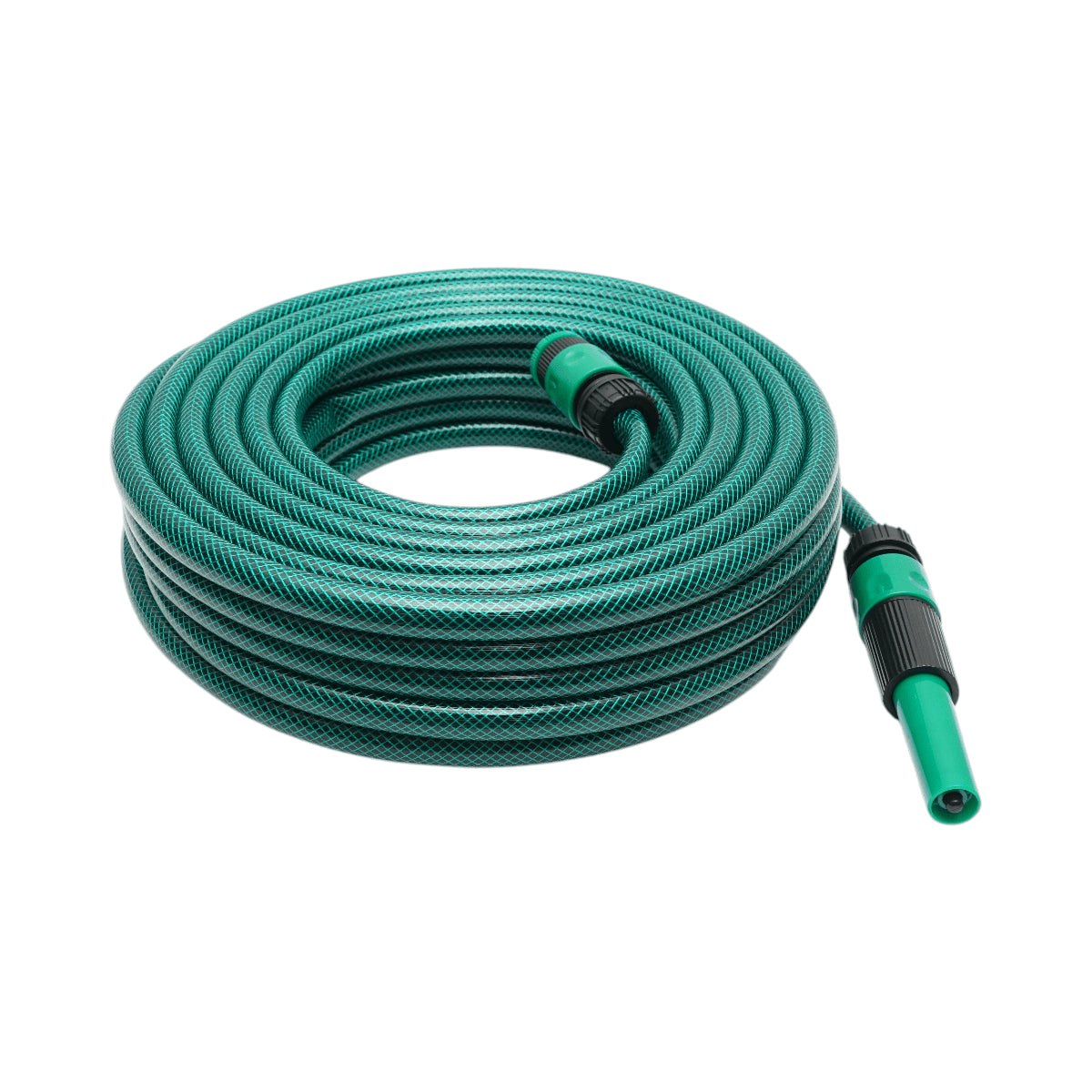 Kerti tömlő, slag készlet 20m 1/2 hüvelykes fonott PVC kerti tömlő állítható szórófejjel, csatlakozókkal és 3/4-1/2 hüvelykes Breckner Germany csapadapterrel.