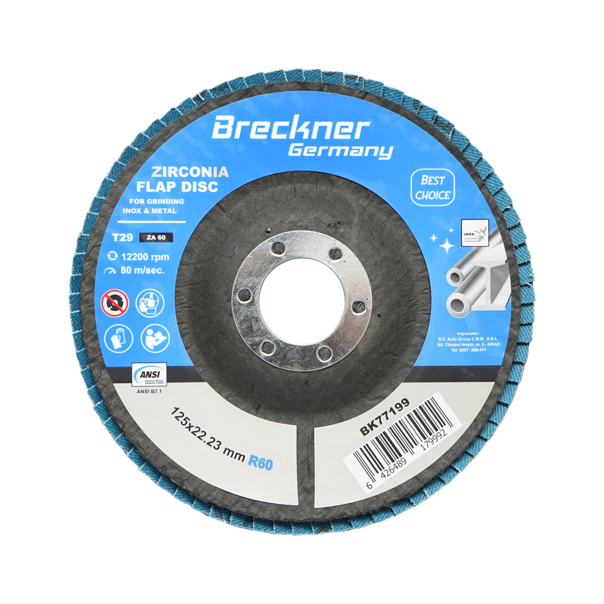 Cirkónium-dioxid csiszolókorong rozsdamentes acél polírozásához P60, 125mm Breckner Germany