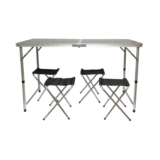 Összecsukható camping asztal szett 4 alumínium székkel, hordozható bőrönd típusú, magasságban állítható 120x60cm Breckner Germany
