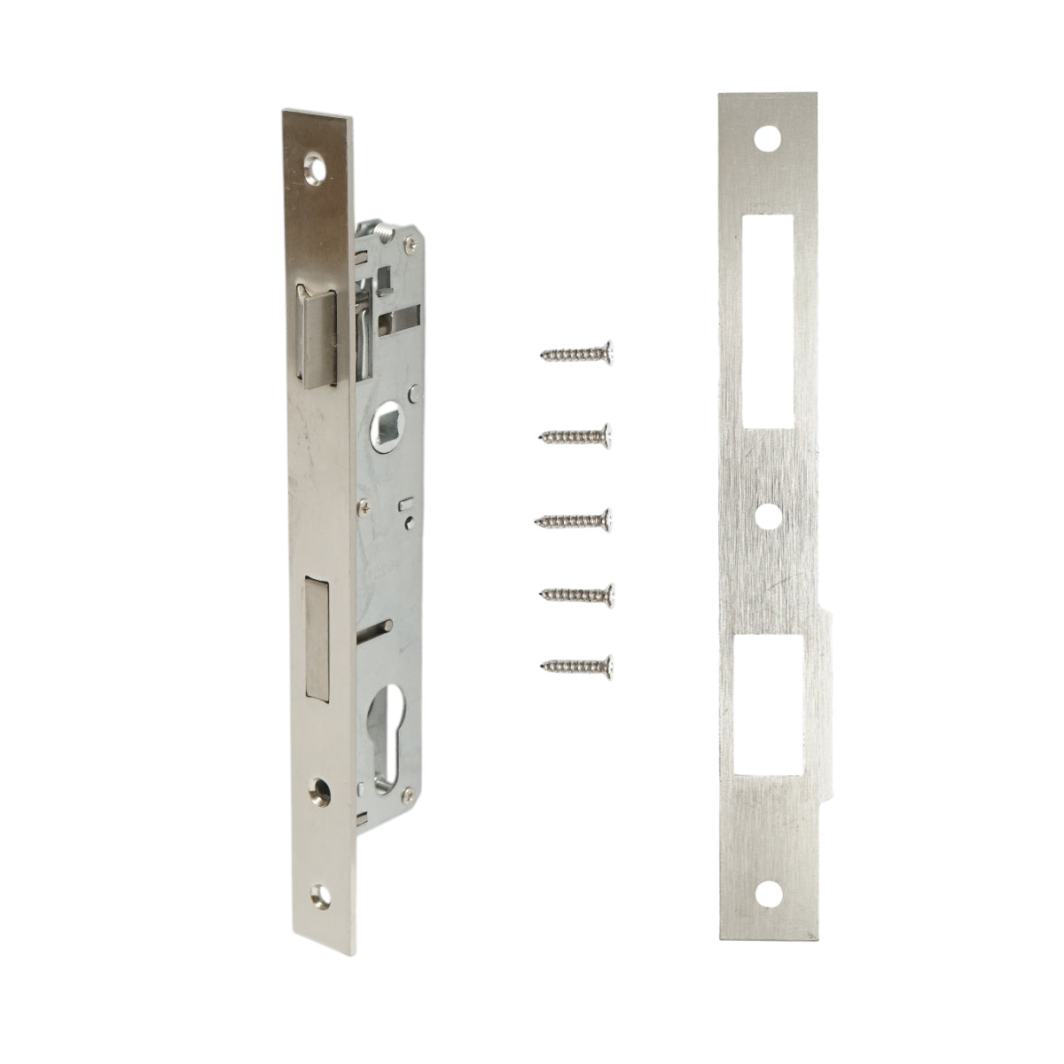 Beépített ajtózár nyelvvel 34x174mm, előlap 23x240mm, szatén nikkel, csavarok mellékelve