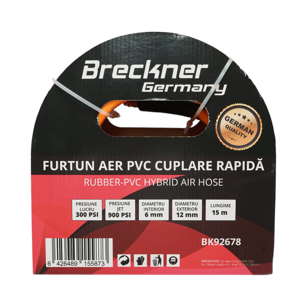 Breckner Germany 15m PVC professzionális kompresszoros légtömlő univerzális gyorscsatlakozóval