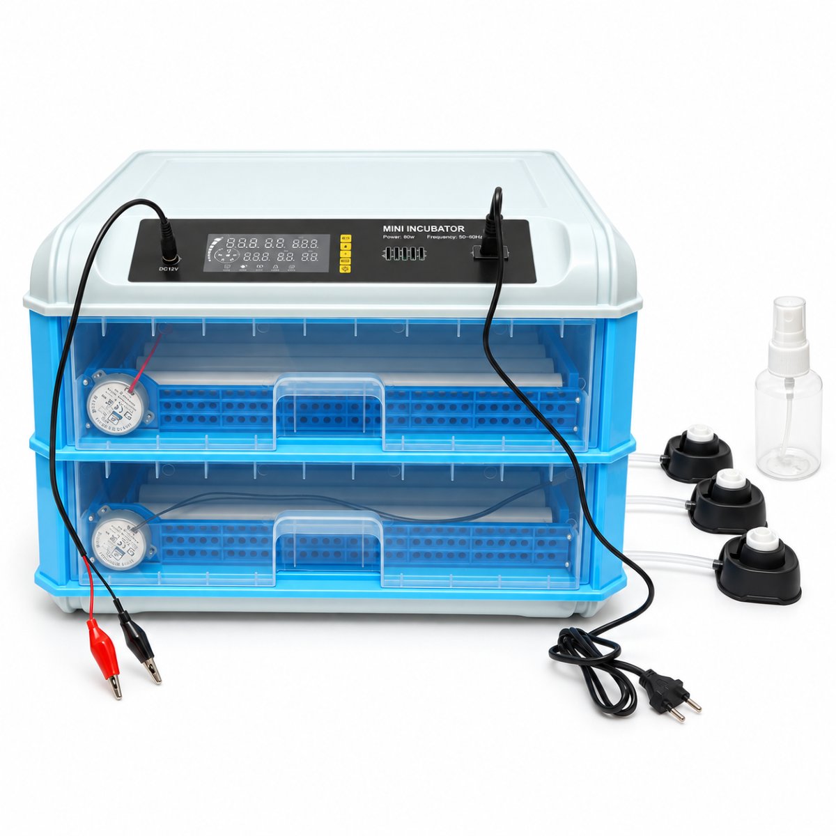 Automata tojásinkubátor, keltető gép 128 tojás 80W, 12V-220V, automata forgatás, LED ovoszkóp, hőmérséklet-szabályozás, páratartalom, digitális kijelző, riasztás
