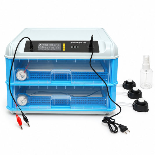 Automata tojásinkubátor, keltető gép 128 tojás 80W, 12V-220V, automata forgatás, LED ovoszkóp, hőmérséklet-szabályozás, páratartalom, digitális kijelző, riasztás