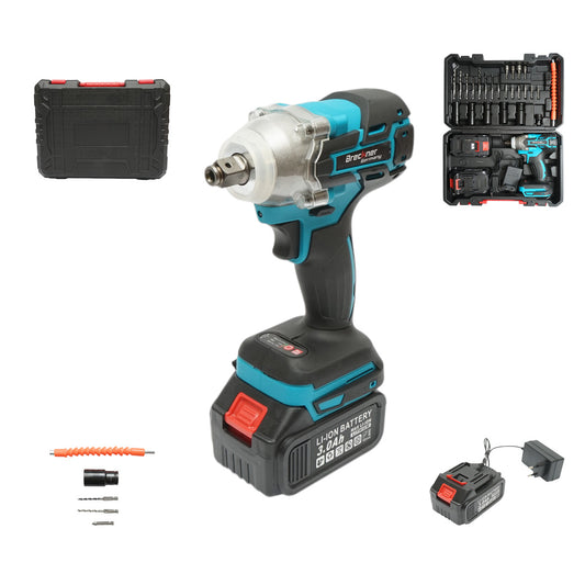 Ütőcsavarozó 1/2 inch, 2 akkumulátor 21V, 3Ah Li-ion, LED, brushless, nyomaték 400Nm, csőkulcs, fúrók, biták 31 darab Breckner Germany