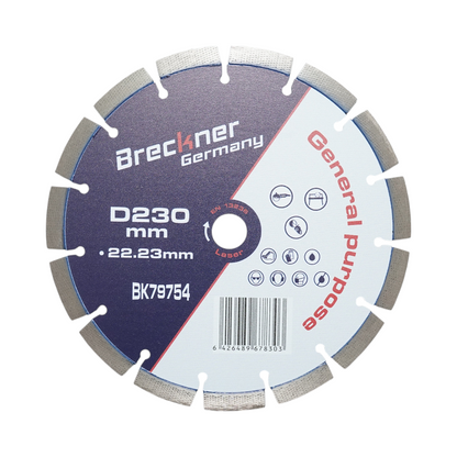 Gyémánt szegmentált gyémánttárcsa 230x22.23mm, szegmens 12mm betonhoz, burkolókhoz, mozaikhoz, téglafalazáshoz, téglafalazáshoz, téglához Breckner Germany