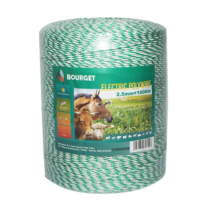 Tekercs zöld fluoreszkáló-fehér szál fluoreszkáló zöld-fehér fi 2.5mm 3x0.2mm SS, 1x0.25mm Cu, 1000m elektromos kerítés Bourget