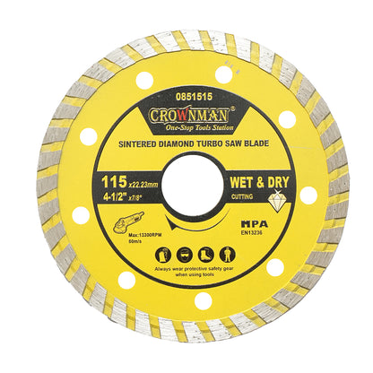 Turbó szinterezett gyémánttárcsa 115x22.23mm, max. fordulatszám 13300rpm, nedves/száraz vágás kő, csempe, kerámia, márvány Crownman