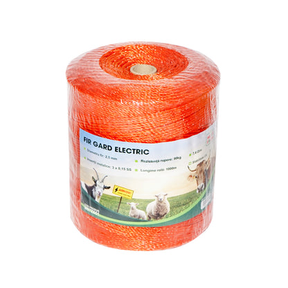 Narancssárga huzal tekercs, 2,5 mm-es menet, fém betét 3x0,15 mm SS, ellenállás 7,4 Ohm/m, 1000 m elektromos kerítés Mezofarm