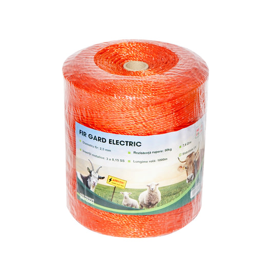 Narancssárga huzal tekercs, 2,5 mm-es menet, fém betét 3x0,15 mm SS, ellenállás 7,4 Ohm/m, 1000 m elektromos kerítés Mezofarm