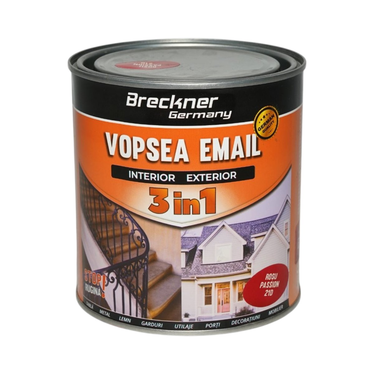 Rozsdagátló zománc festék
 3 in 1 rosu passion 21D pe baza de solvent 1L, direct pe rugina, interior si exterior Breckner Germany