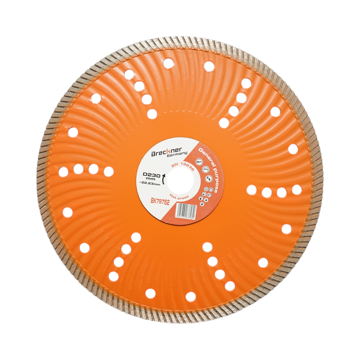 Turbó gyémánttárcsa 230x22.23mm, szegmens 10mm csempéhez, burkolólapokhoz, mozaikhoz, kemény kőhöz, márványhoz, gránithoz Breckner Germany