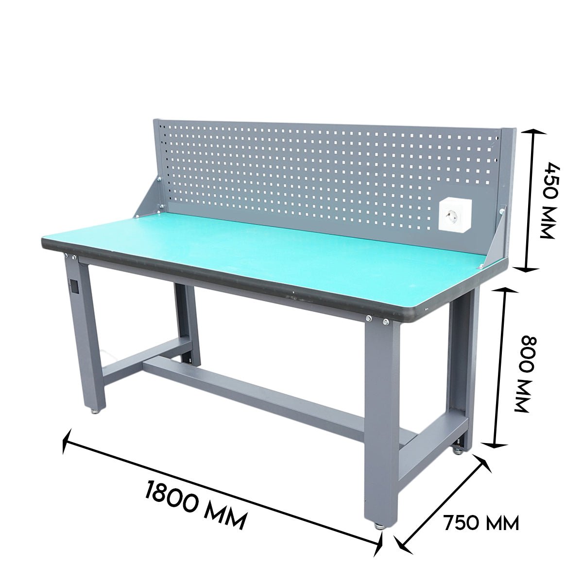 Műhely munkapad 220V-os aljzattal és perforált panellel 1800x750x800+450mm