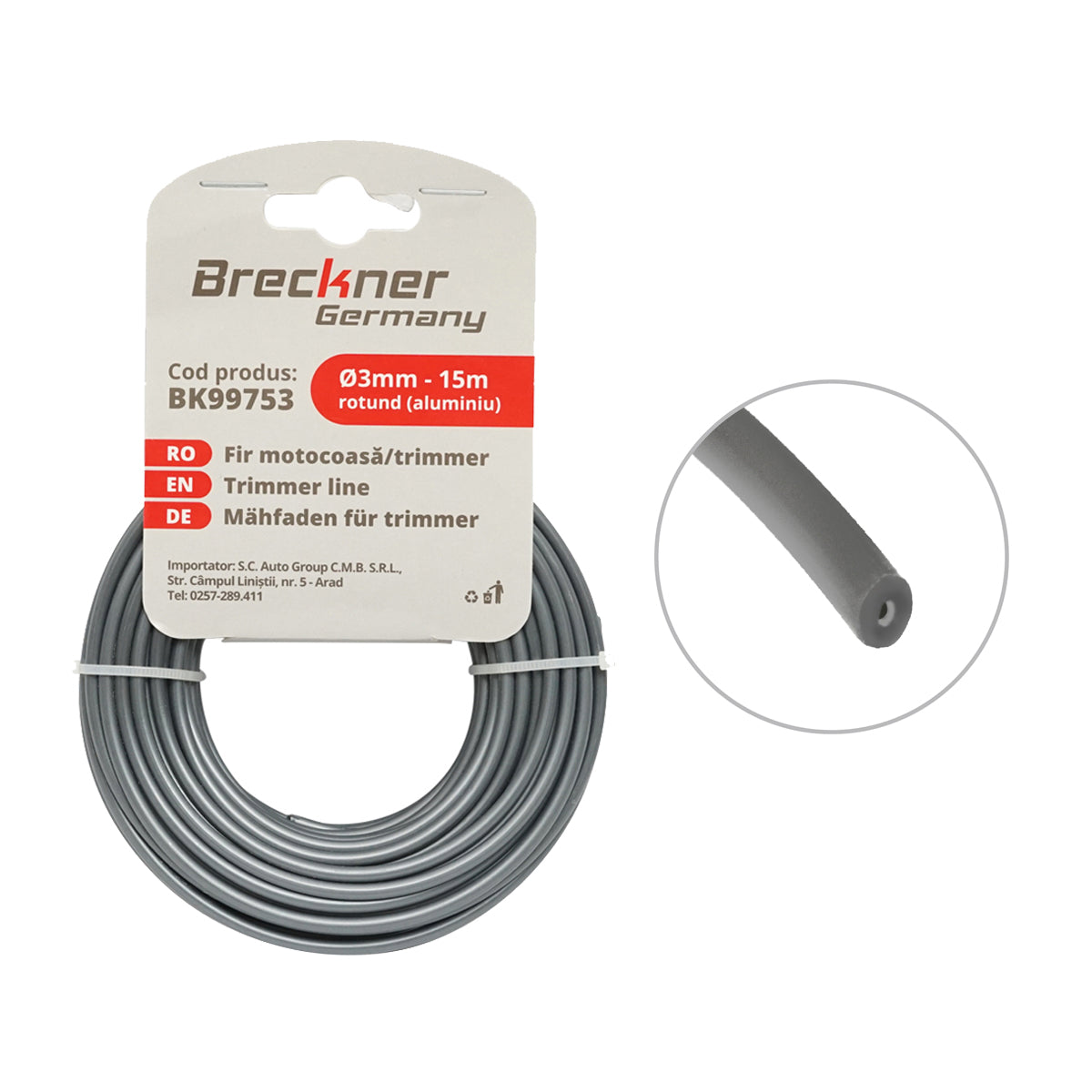 Fűkasza damil, kerek, fém betéttel 3mm x 15m Breckner Germany