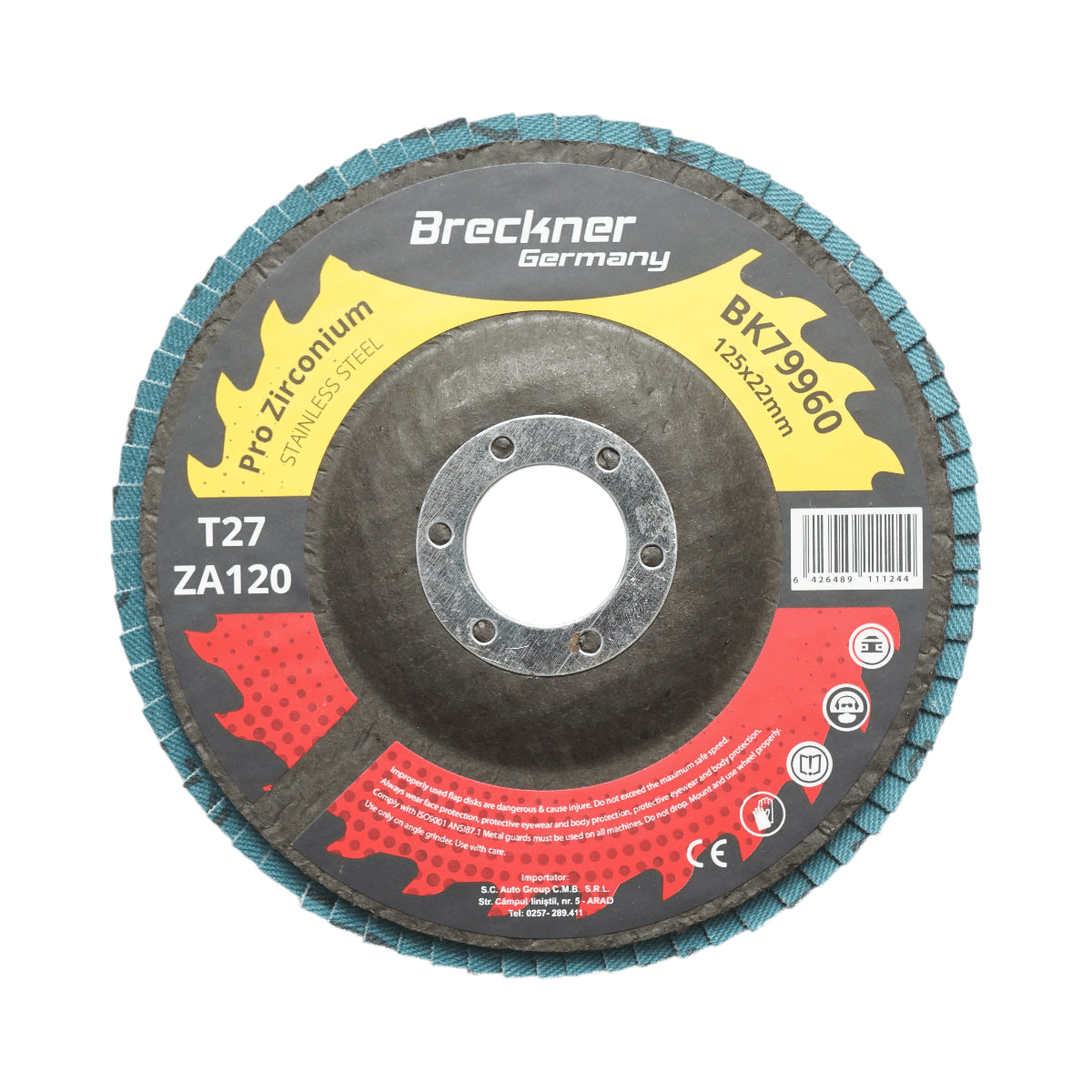 Cirkónium-dioxid csiszolókorong T27 ZA120, 125x22mm fém és rozsdamentes acél csiszolásához/polírozásához Breckner Germany