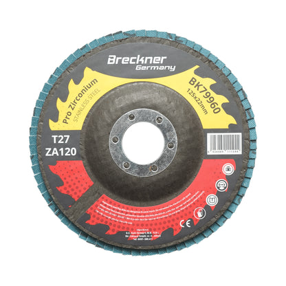 Cirkónium-dioxid csiszolókorong T27 ZA120, 125x22mm fém és rozsdamentes acél csiszolásához/polírozásához Breckner Germany