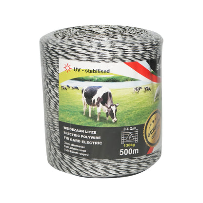 Fekete-fehér huzalszál 3mm 5x0.2mm rozsdamentes, 1x0.25 réz 0.4 Ohm/m, 500m elektromos kerítés Breckner Germany