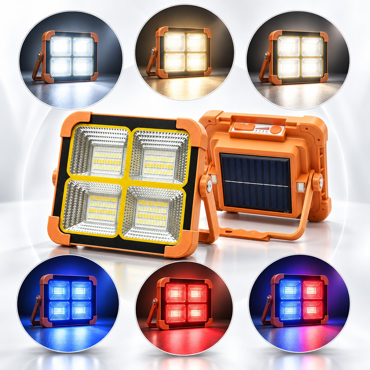 Hordozható LED reflektor 100W napelemes panellel 1.5W, 3600mAh akkumulátor, 6 világítási mód, mágnes, karabiner, USB Power Bank 210x170x55mm Breckner Germany