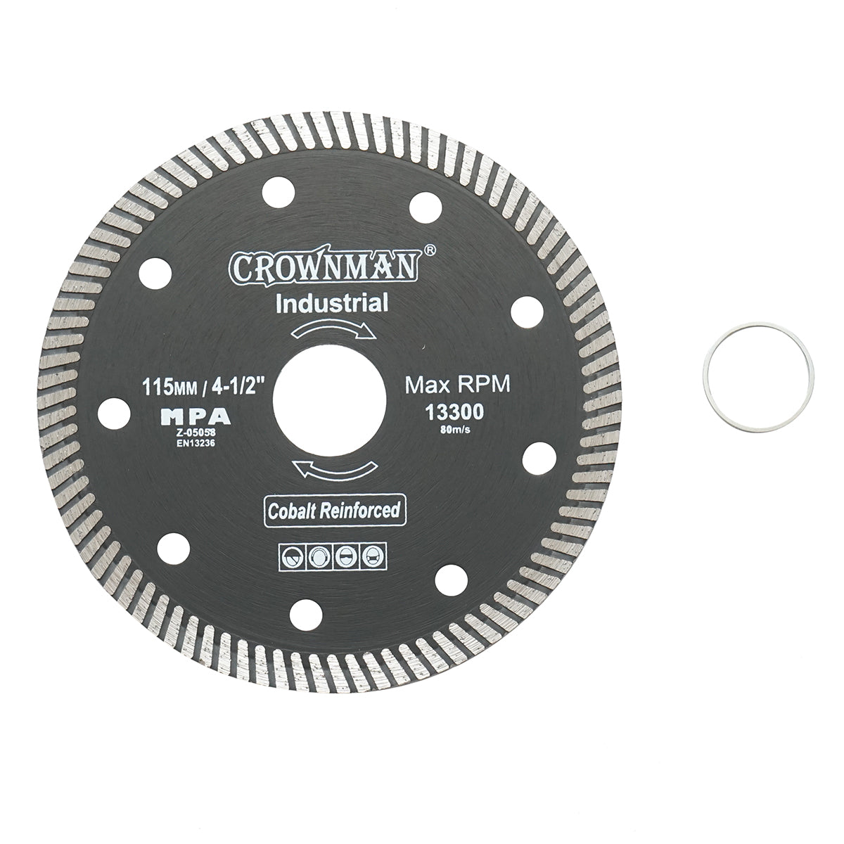 Turbo gyémánt vágótárcsa 115x22.23x1.35mm, max. fordulatszám 13300rpm, nedves/száraz vágás kő, Crownman kerámia csempe vágására