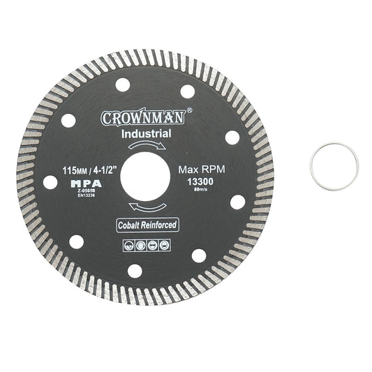 Turbo gyémánt vágótárcsa 115x22.23x1.35mm, max. fordulatszám 13300rpm, nedves/száraz vágás kő, Crownman kerámia csempe vágására