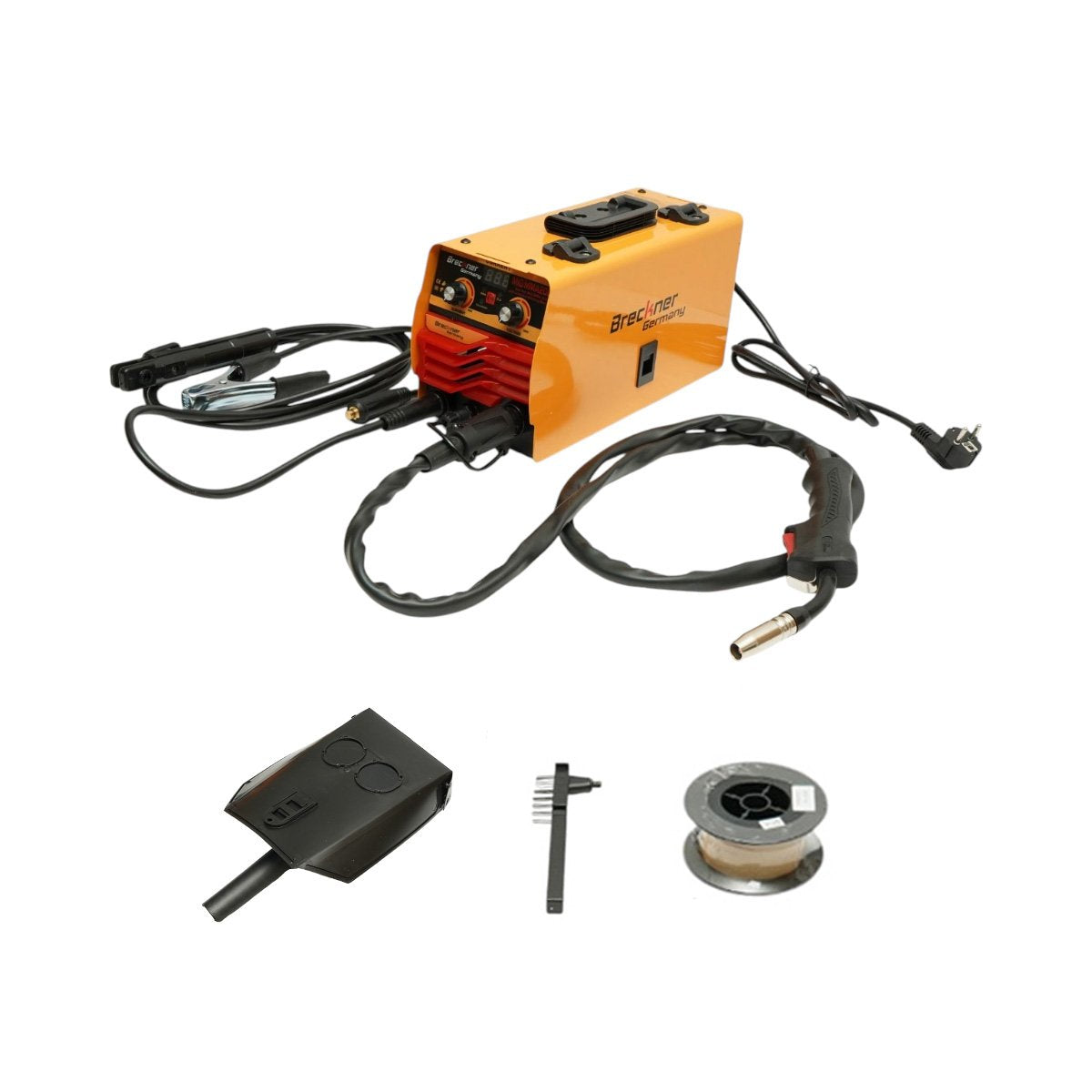 2 az 1-ben inverter hegesztőgép MIG/MMA gáz nélkül 200A, 220V, digitális kijelző, elektródás hegesztés, Flux Core E71T-GS dróttekercs mellékelve Breckner Germany
