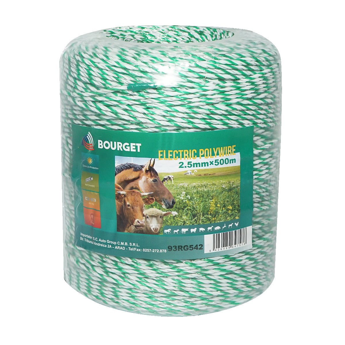 Fehér-zöld drót tekercs fi 2.5mm 4x0.2mm SS, 500m elektromos kerítés, ellenállás 7 Ohm Bourget