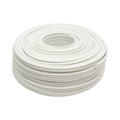 RG59 koaxiális CCTV sziámi kábel réz + tápellátás 2x0.75mm CCA, 75 Ohm, PVC fehér 100m/tekercs